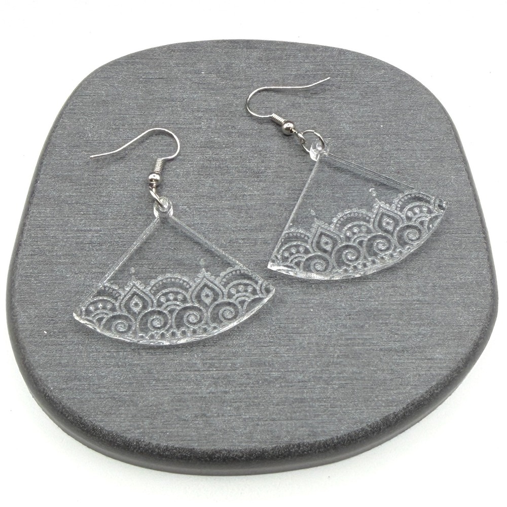 Clear Acrylic Mandala Fan Dangle Earrings Silver Tone Boho Geometric Pierced